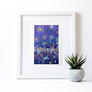 Célébration de feu d’artifice | ART PRINT, Night Scene, Waterfront, Night Aesthetics Decor, Skyline, Tour CN, Nouvel An, 2021, Peinture acrylique