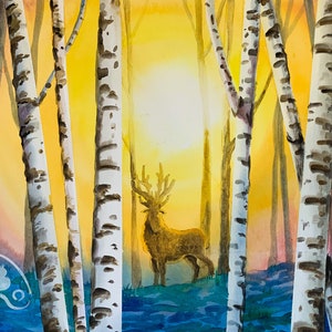Enchanting Birch | DIGITAL DOWNLOAD, Watercolour Painting, Birch Trees, Sunset, Fantasy, Nature Inspired, Illustration, Studio Ghibli