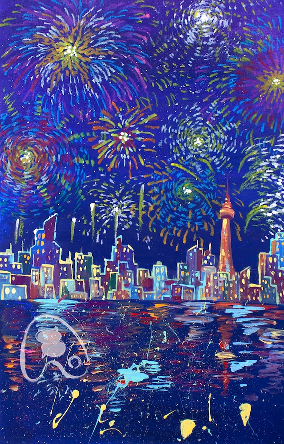 Firework Celebration DIGITAL DOWNLOAD, Night Scene, Waterfront, Aesthetic  Decor, Skyline, CN tower, New Years, 2021, Acrylic Painting