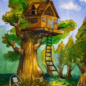 Treehouse | DIGITAL DOWNLOAD, Treehouse, Sunny Day, Watercolour Painting, Illustration, Summer, kids house, secret base