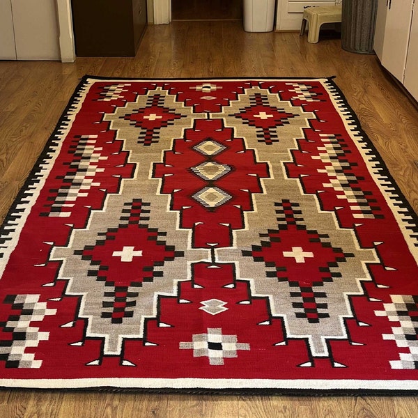 Southwestern Rug Red Navajo Rug Kilim Hand Woven Native American Geometrical Pattern 100% Wool Area Rug, 8x10 ft, 9x12 ft Large Navajo Rugs