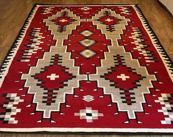 Southwestern Rug Tapis navajo rouge Kilim tissé à la main à motif géométrique amérindien 100 % laine, 8 x 10 pi, 9 x 12 pi Grand Tapis Navajo