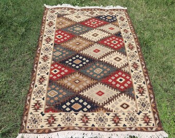 Small Traditional Kilim Rug, 3x5 Feet, Vintage Home Decor, Boho Killim Rug, Ethnic Kilim Rug, Handmade Kilim Rug, Decorative Soumak Rug