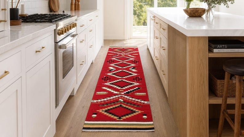 May include: A long, rectangular runner rug featuring a vibrant red base color with a repeating geometric pattern in black, white, and tan. The design includes diamond shapes and horizontal stripes, finished with a simple border at the ends.