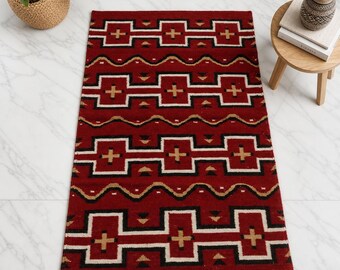 6x9 Rustic Large Floor Rug, Southwestern Navajo Handmade Boho Wool Tribal Flat Weave Kilim Rug, Bohemian Decor Indian Handmade Dhurrie Rugs