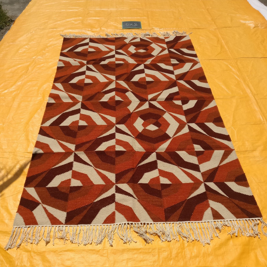 Brown Geometric Dhurrie Rug 5x8 Wool Rug Southwestern Rug Etsy