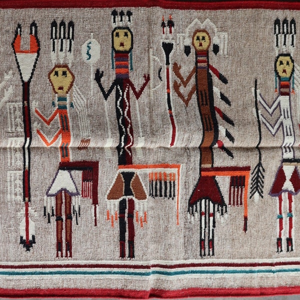 Navajo Mehrfarbiger Yei Teppich Kelim handgewebter Stammes-Mexikaner Antiker Wollteppich Native American Rug südwestlicher Teppiche