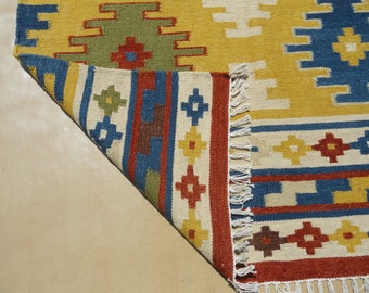 Alfombra KILIM hecha a mano 4x6 pies Alfombra de lana multicolor 4' x 6' Kilim Dhurrie tradicional indio; Chic, victoriano, hipster; Hippie, Tamaños personalizados