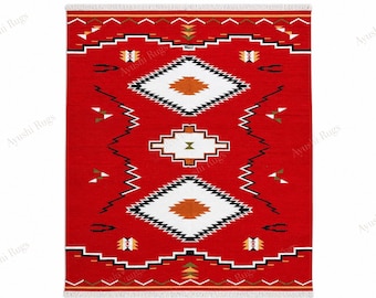 8x10 Rustic Red Large Navajo Rug, Southwestern Navajo Handmade Boho Wool Tribal Flat Weave Kilim Rug, Bohemian Decor Indian Handmade Dhurrie