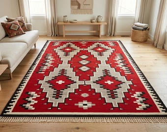 Southwestern Red Navajo Woven Rug: Large 9x11 Native Indian Handmade Tribal Wool Geometric Kilim Area Rug
