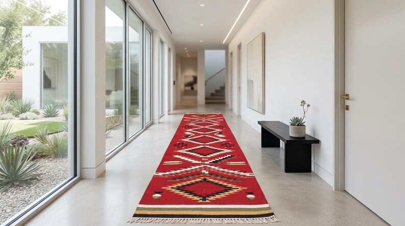 May include: A long, rectangular runner rug featuring a vibrant red base with a repeating geometric pattern in black, white, and tan. The design includes diamond shapes and horizontal stripes, finished with a short, light-colored fringe at both ends.