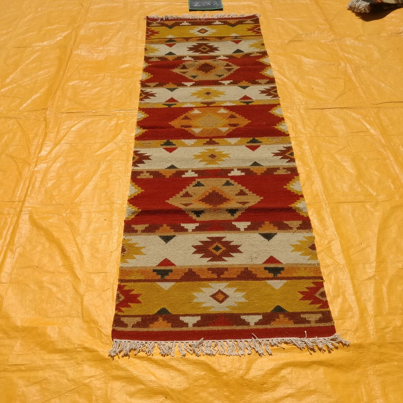 2.6x8 Area Rug Runner Nomadic Kilim Rug,Yellow Red Rug Free Shipping Vintage Rug,Afghan Herati Balouch Rug