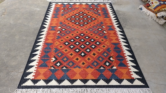 8x10ft Geometric Wool Jute Rug: Handwoven Navajo Kilim Rainbow Turkish Bohemian Large Area Living Room Decor, Hallway Southwestern Rug