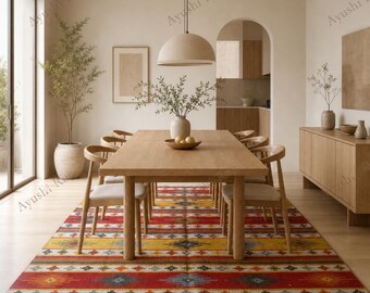 Hand Woven Turkish Kilim Rug Dhurry Wool Rug 8x10 ft Geometric Flatwoven Large Custom rug