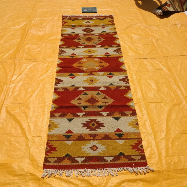 2.6x8 Area Rug Runner Nomadic Kilim Rug,Yellow Red Rug Free Shipping Vintage Rug,Afghan Herati Balouch Rug