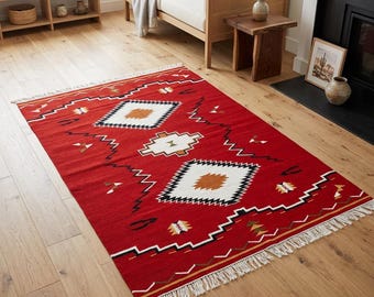 8x10 Rustic Red Large Navajo Rug, Southwestern Navajo Handmade Boho Wool Tribal Flat Weave Kilim Rug, Bohemian Decor Indian Handmade Dhurrie