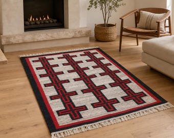 Navajo Southwestern Kilim Dhurry Handmade Area Rug 100% Wool Large Kelim Rug 9x12 Geometric Decorative Native Indian American Tribal Rug
