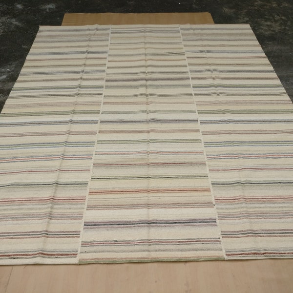 Soft Color Striped Kilim Rug,8'x10' Feet 240x300 Cm Turkish Handmade Kilim Rug,Ethnic Traditional Stripe Anatolian Kilim Rug Large Wool Rug