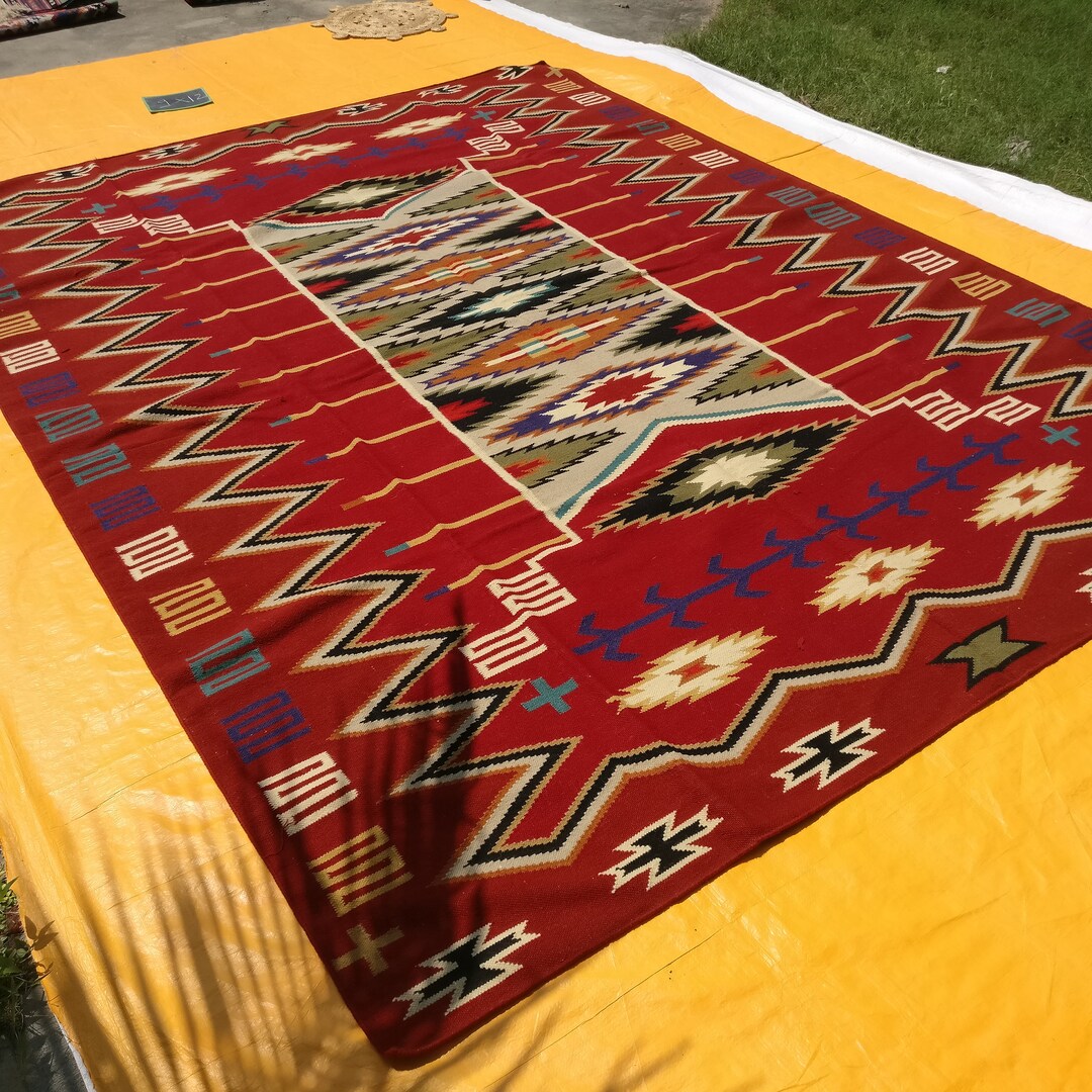 Red Southwestern Navajo Rugs 9x12 Ft Native American Woven Area Rug New Zealand Wool Kilim Area