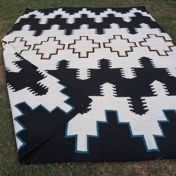 Black White Woven Area Rug Southwestern Design Multi Size Native American Wool Rug Blankets Vintage Tribal Rug, Navajo Navaho rug Ranch rugs