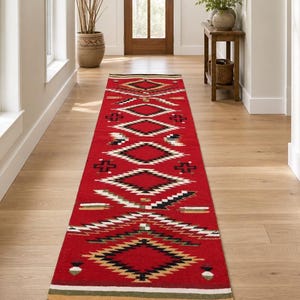 Southwestern Wool Runner Rug, Handmade Navajo Rug, Tribal Area Rug, Wool Kilim Rug, Flat Weave Rug, Boho Rug, Rustic Home Decor, Western Rug, Handwoven Indian Rug