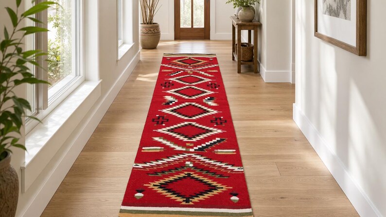 Southwestern Wool Runner Rug, Handmade Navajo Rug, Tribal Area Rug, Wool Kilim Rug, Flat Weave Rug, Boho Rug, Rustic Home Decor, Western Rug, Handwoven Indian Rug