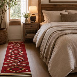 May include: A long, rectangular runner rug featuring a vibrant red base color with a repeating geometric pattern in black, white, and tan. The design includes diamond shapes and horizontal lines, positioned on a light-colored wooden floor.