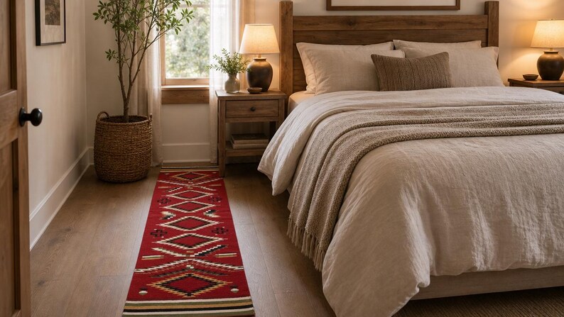 May include: A long, rectangular runner rug featuring a vibrant red base color with a repeating geometric pattern in black, white, and tan. The design includes diamond shapes and horizontal lines, positioned on a light-colored wooden floor.
