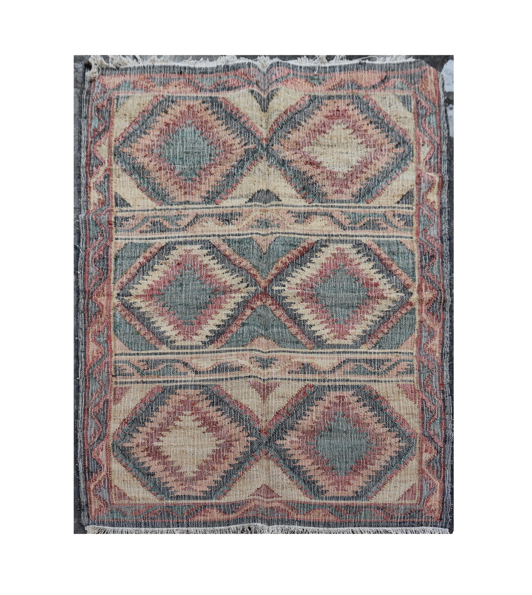 Multi-color Jute Diamond Dhurrie Rug, Geometric Wool Jute Rug, Handmade ...