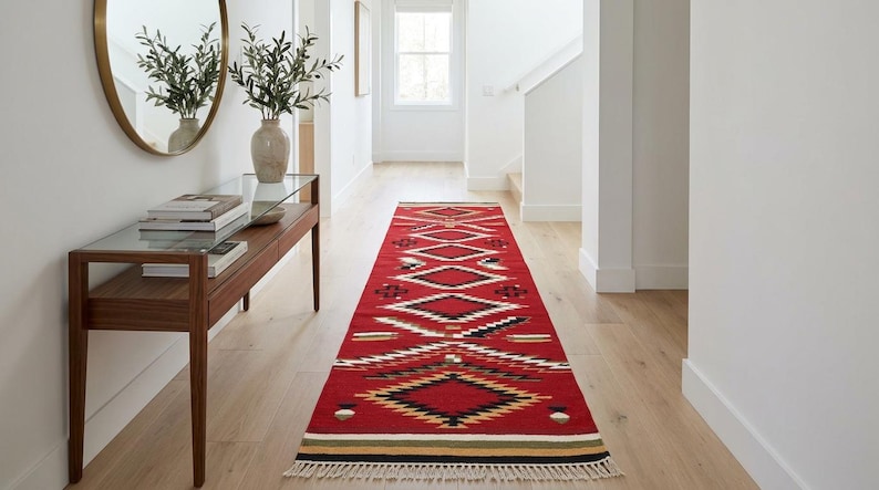 May include: A long rectangular runner rug featuring a vibrant red base with geometric patterns in black, white, and tan. The design includes repeating diamond shapes and horizontal stripes, finished with short white fringe at the ends.