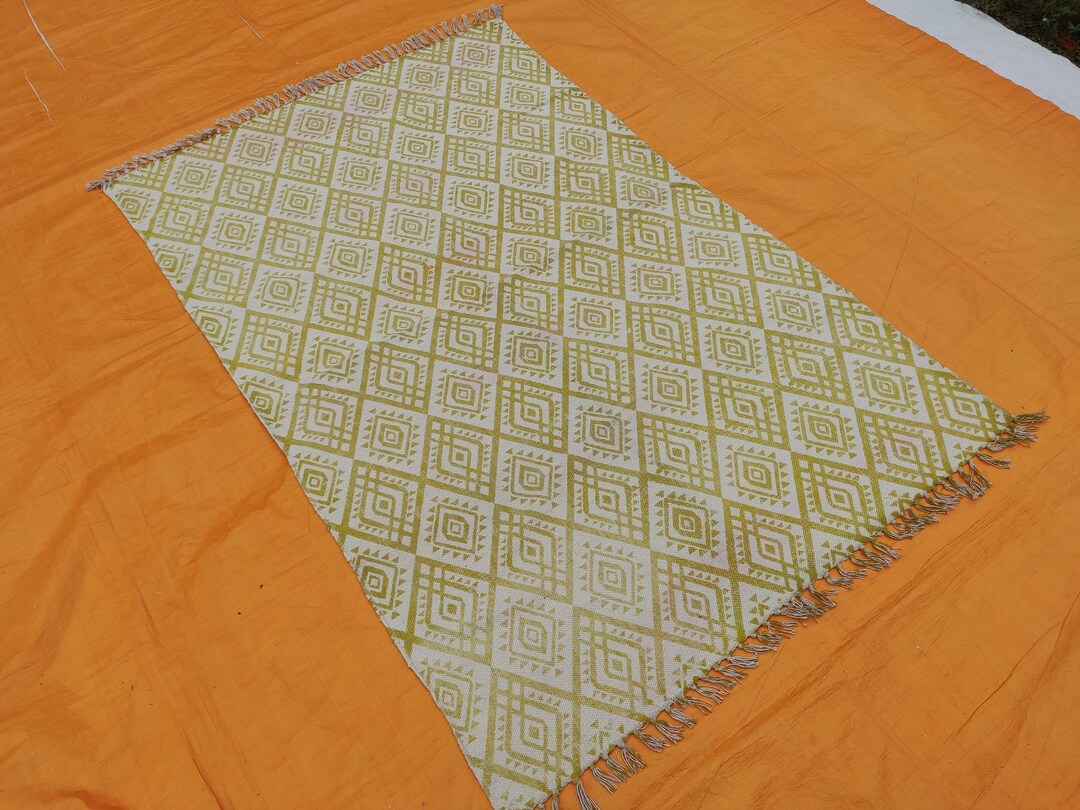 Handmade Cotton Natural Block Printed Rug Boho Inspired Flatweave Rug