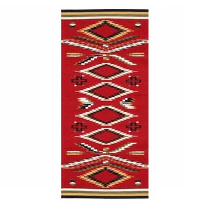 May include: A rectangular woven rug featuring a vibrant red background with a repeating geometric pattern of diamonds and crosses in black, white, and tan. The top and bottom edges are finished with horizontal stripes in black, white, and olive green.