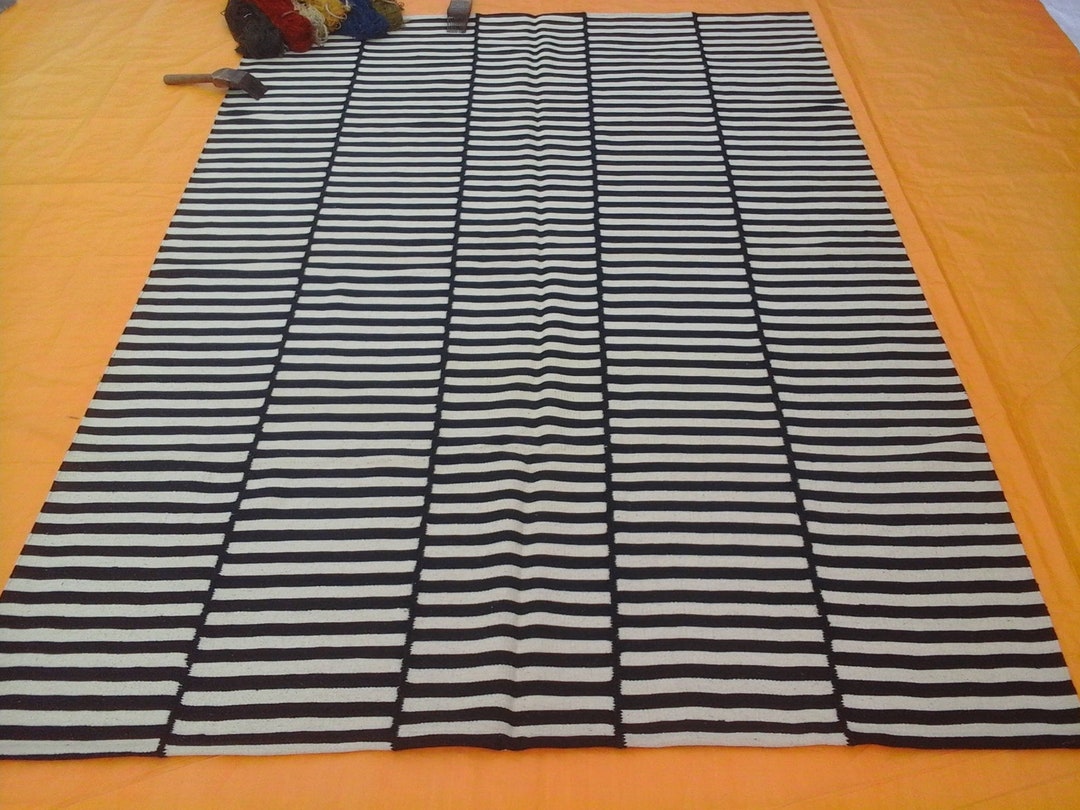 Black and White Striped Flatweave Rug, Handmade Striped Kilim Rug