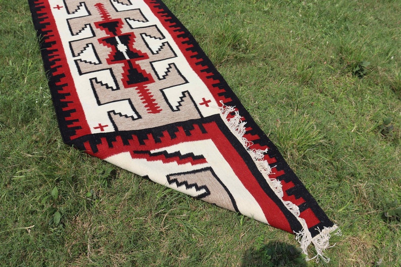 Handwoven Wool Runner Rug Dhurrie , Geometric Patterned , Southwest