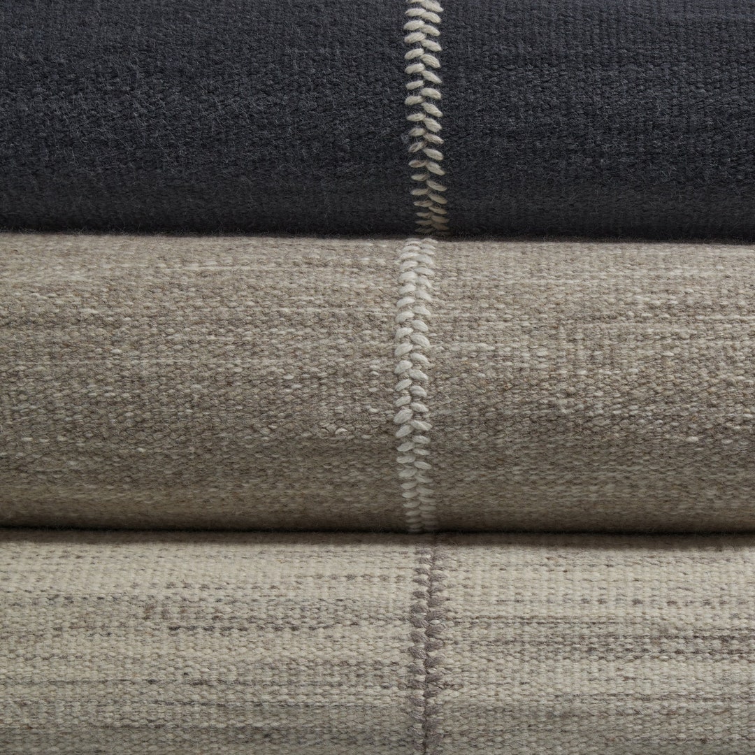 Striped Kilim Cozy Wool Flatweave Rug Grey Ivory Indigo Area Rug