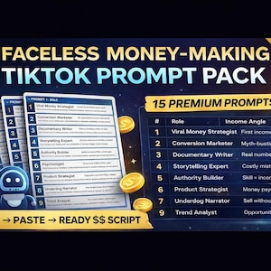 Puede incluir: Anuncio de un producto digital, un "Paquete de indicaciones de TikTok para ganar dinero sin rostro". La imagen presenta tarjetas de indicaciones, una lista de 15 indicaciones premium, monedas de oro y un logotipo de TikTok. El texto dice "Copiar -> Pegar -> Listo $$ Script."