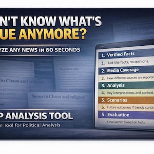 May include: A digital graphic with the text "DON'T KNOW WHAT'S TRUE ANYMORE?" and "ANALYZE ANY NEWS IN 60 SECONDS." It also displays a list of steps for news analysis, including "Verified Facts" and "Media Coverage."