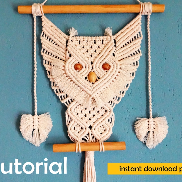 motif de tenture murale en macramé, tutoriel hibou en macramé, motif en macramé, tutoriel pdf, hibou en macramé bricolage, modèle étape par étape