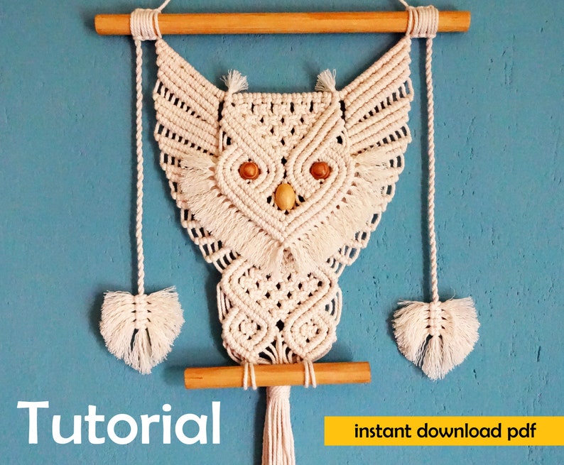 macrame wall hanging pattern, macrame Owl tutorial, macrame pattern, pdf tutorial, DIY macrame owl, step by step pattern image 1