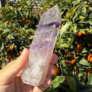 Natural Phantom Amethyst Crystal Tower–Unique Purple Striped Healing Stone with Inner Shadows for Meditation, Amethyst Point-B