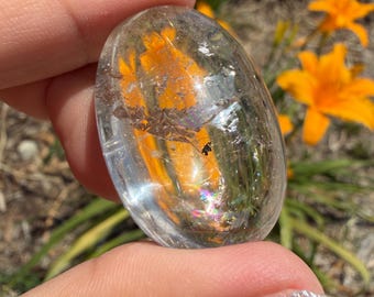 Natural Golden Rutilated Quartz Palm Stone | Clear Rutile Quartz Worry Stone | Polished Crystal Pocket Stone | Healing Crystal Gift,A614