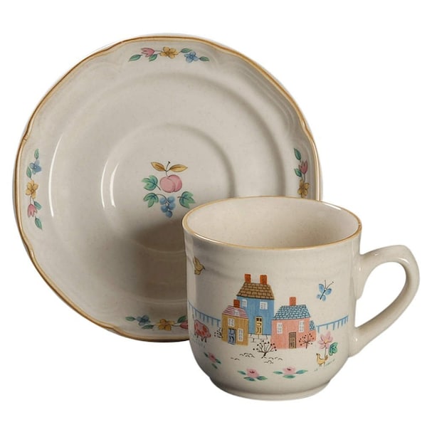Heartland Village Collection - Coffee Cups or Tea Cups and Saucers - Country Kitchen - Farmhouse Theme - Microwave & Dishwasher Safe