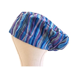 Eurostyle Scrub Cap - Adjustable with Toggle on Elastic - Made with Blue + Purple Cotton Fabric - Can Add Buttons - Handmade in the USA