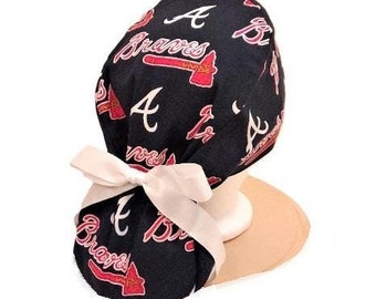 Atlanta Braves Ponytail Scrub Cap - 3 Different Sizes of Ponytail Pouches + Can Add Buttons + Choose Ribbon Color + Handmade in USA
