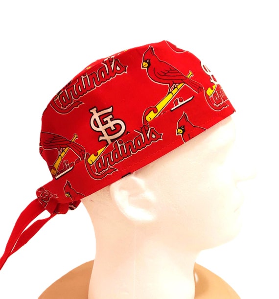 St Louis Cardinals Scrub Cap - 2 Sizes + Can Add Buttons + Wear with Rim Folded Up or Unfolded +Adjustable with Elastic & Ties + Made in USA