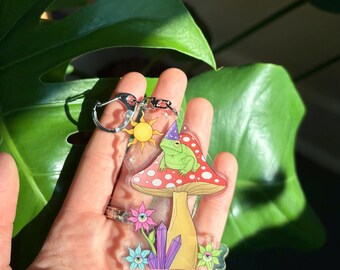 Frog Wizard Keychain | Double Sides Acrylic Keychain | Mushroom Keychain