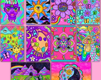 Puede incluir: Un conjunto de nueve impresiones de arte digital que presentan diseños psicodélicos con colores brillantes, flores, mariposas y arcoíris. Las impresiones incluyen frases como "Flower Power" y "Stay Creative".