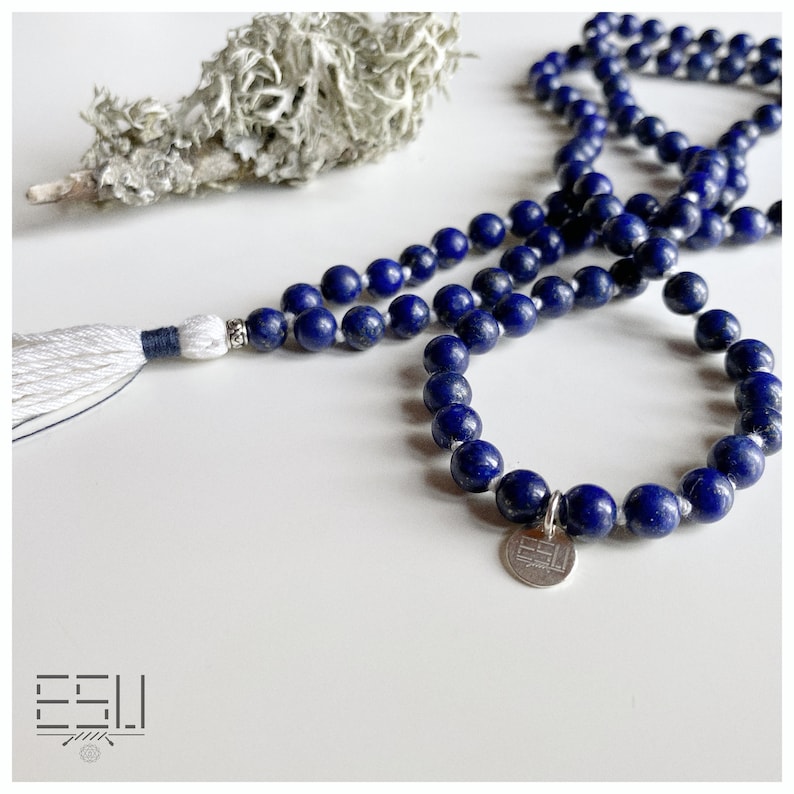 108 Mala Prayer 6 mm Beads Yoga Gift for Her Blue Handmade Mala INTUITION Mala Necklace with Lapis Lazuli Tassel Necklace