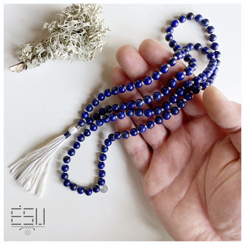 108 Mala Prayer 6 mm Beads Yoga Gift for Her Blue Handmade Mala INTUITION Mala Necklace with Lapis Lazuli Tassel Necklace