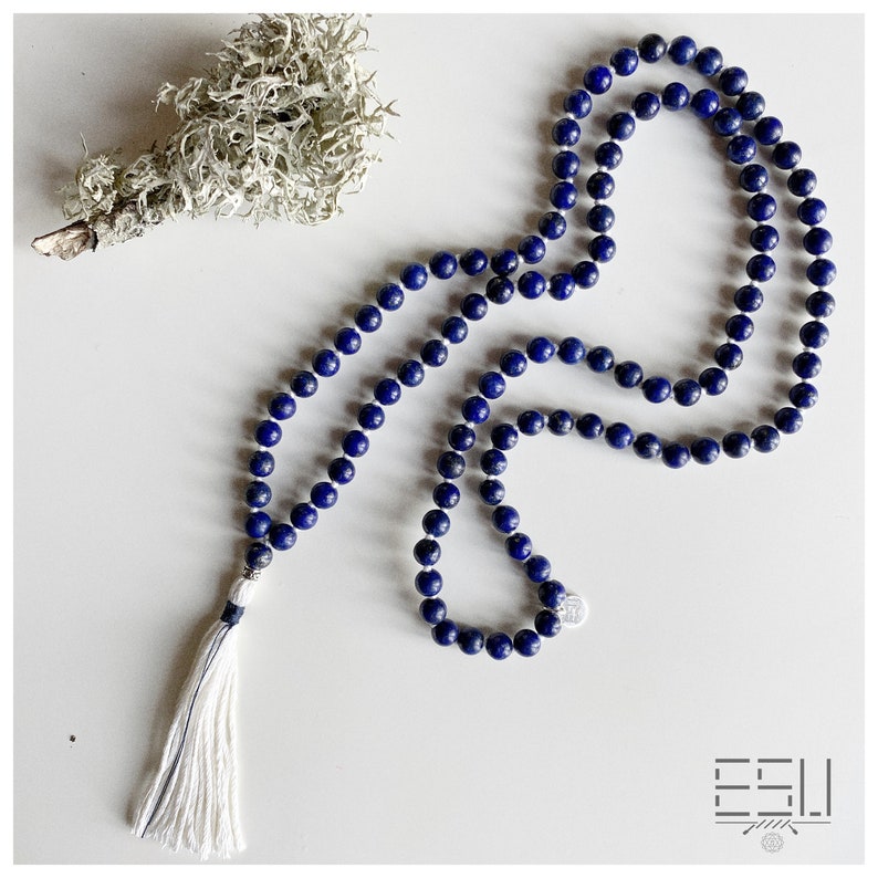 108 Mala Prayer 6 mm Beads Yoga Gift for Her Blue Handmade Mala INTUITION Mala Necklace with Lapis Lazuli Tassel Necklace